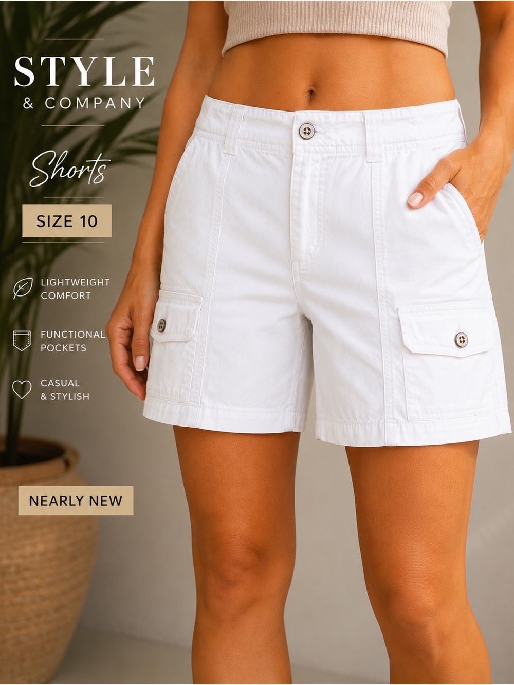 Style & Co White Cargo Utility Shorts Size 10 Six Pocket Casual Summer
